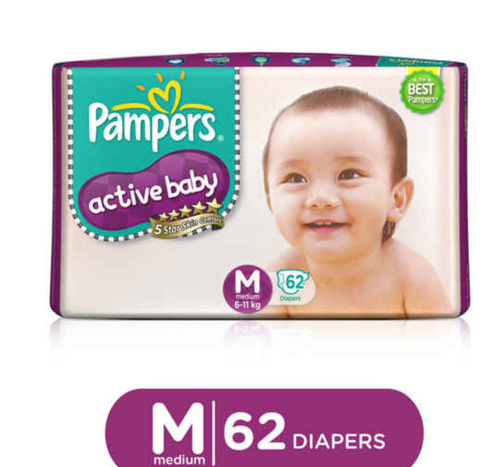 PAMPERS ACTIVE BABY DIAPERS - MEDIUM pack of 62