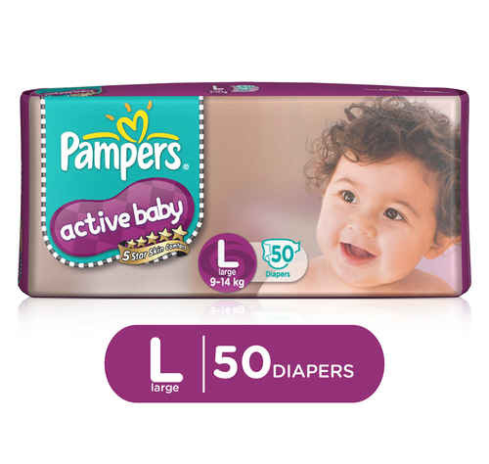 PAMPERS ACTIVE BABY DIAPERS - LARGE pack of 50