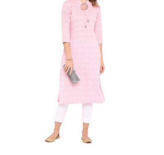 Pink cotton floral print straight kurta- M