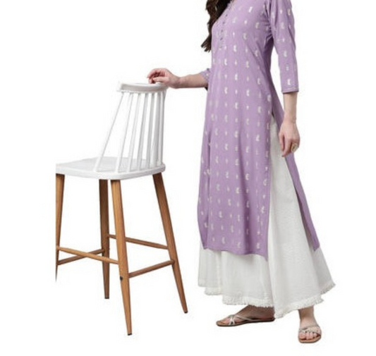 Lavender crepe foil print straight kurta - L