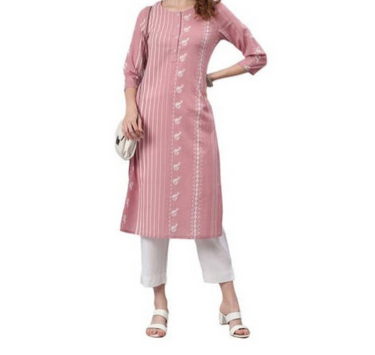 Pastel pink cotton animal print straight kurta- M