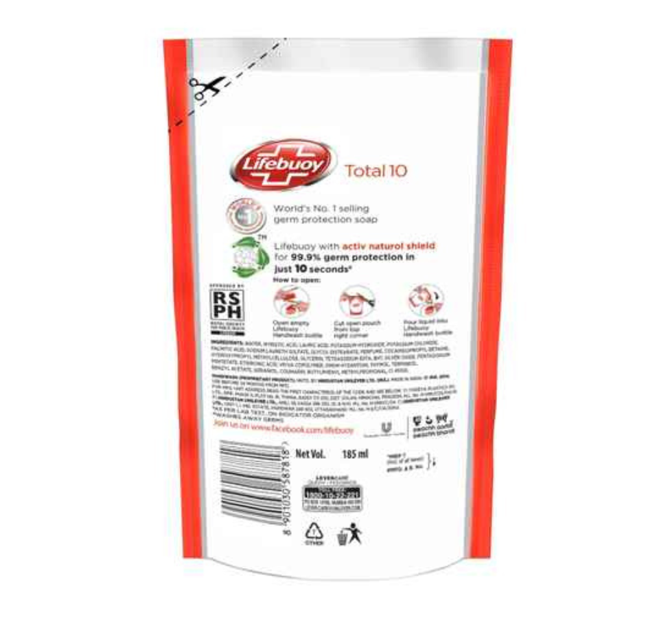 LIFEBUOY TOTAL 10 HANDWASH 185ml REFILL POUCH