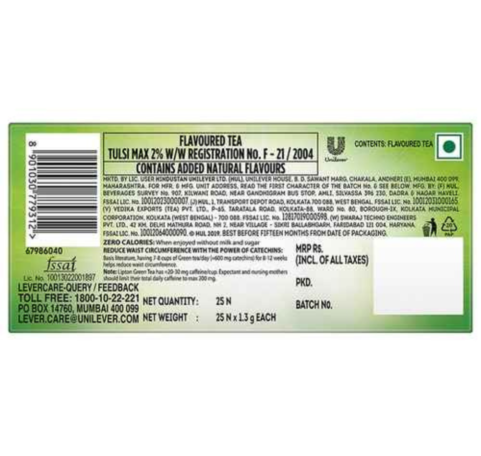 LIPTON GREEN TEA TULASI NATURA TEA BAGS ( pack of 25)