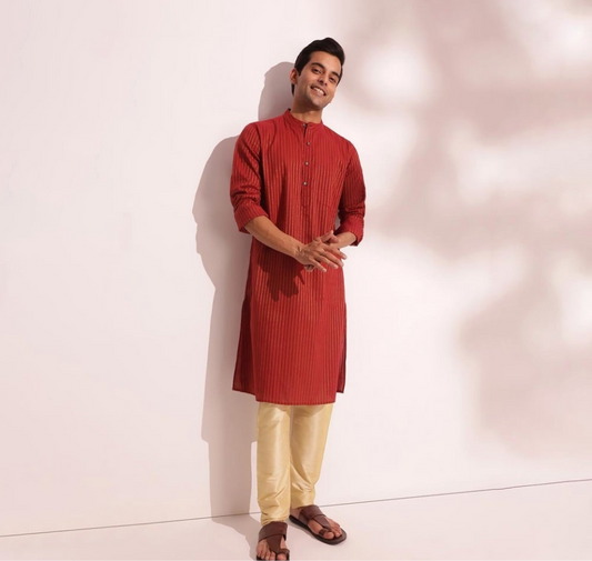 Fabindia Cotton Blend Striped Slim Fit Long Kurta (Red)